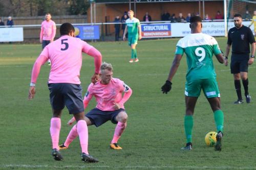 Enfields Taofiq Olomowewe (L) and Ryan Blackman and Leatherheads Shaun Okojie