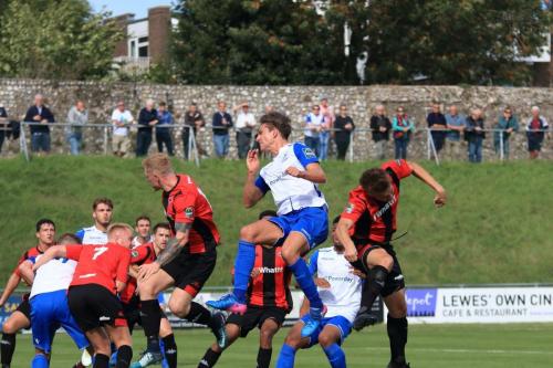 A clash of heads between Lewes Harry Reed (R) and Enfields Sam Youngs saw Reed carried off after a lengthy delay  Thankfully, post-match reports were that he was not seriously injured
