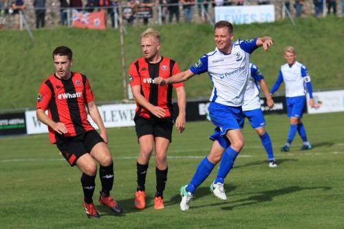 Enfields Liam Hope shoots just wide watched by Steve Brinkhurst (L) and James Hammond