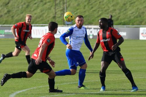 Lewes Frankie Chappell (L) and Michael Dome-Bemwin and Enfields Billy Bricknell