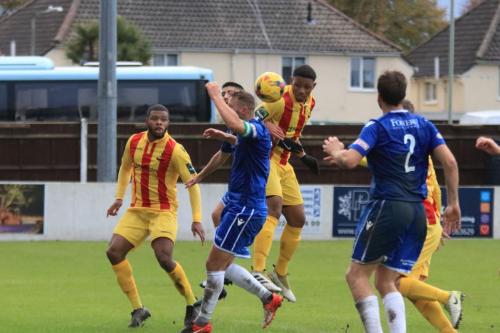 Enfields Rian McLean nods the ball down for Liam Hope (behind no 2, Adam Tann) to score the last-minute winner