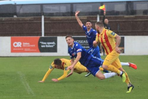 Enfields Sam youngs (L) and Billy Bricknell are denied by an offside decision
