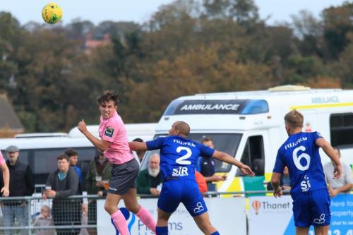 Enfields Sam Youngs wins a header against Tom Wynter (2) watched by Ben Swift