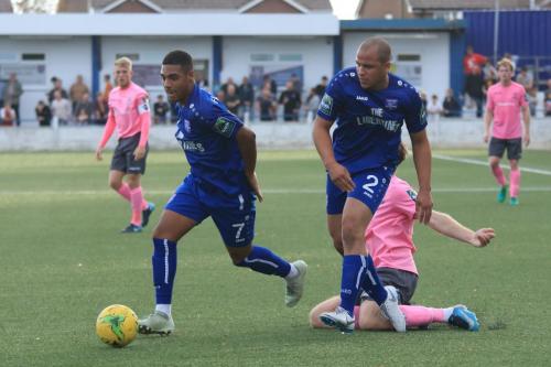 Margates Tom Wynter and George Brown (L) close down Remi Sutton