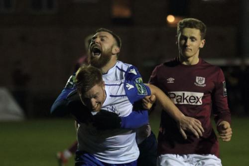 Billy Bricknell and scorer Marc Weatherstone (front) celebrate the winning goal