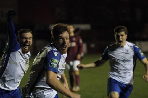 Scorer Marc Weatherstone celebrates the winning goal with Billy Bricknell (L) and Josh Davison