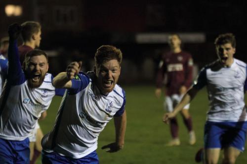 Scorer Marc Weatherstone celebrates the winning goal with Billy Bricknell (L) and Josh Davisonx