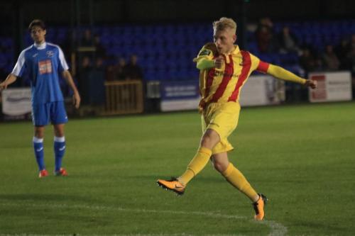 Ryan Blackman  (R) and Tommy Whitnell watch as Blackmans shot puts Enfield 1-0 ahead