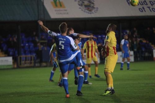 Tonbridges Sonny Miles (5) and Arthur Lee both challenge for the same ball which falls for Ryan Blackman (out of picture) to open the scoring