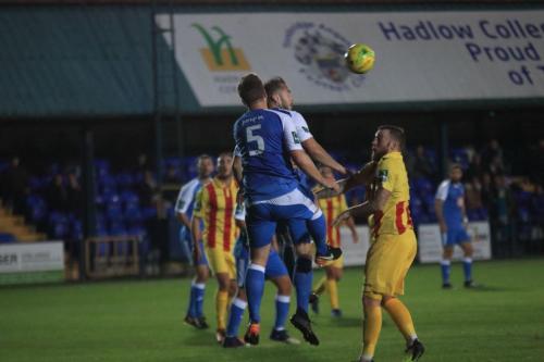 Tonbridges Sonny Miles (5) and Arthur Lee both challenge for the same ball which falls for Ryan Blackman (out of picture) to open the scoringx