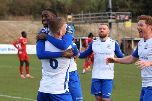 Joe Payne (L) is congratulated by Muhammadu Faal, Billy Bricknell and Marc Weatherstone (R)