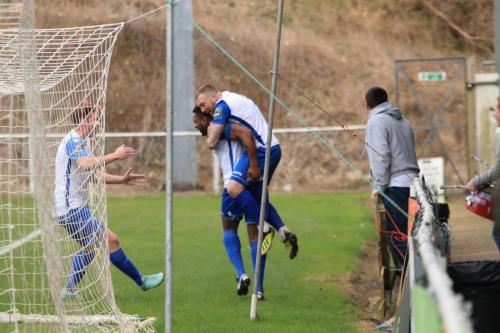 Scorer Kezie Ibe celebrates the first Enfield goal with Marc Weatherstone (L) and Billy Bricknell