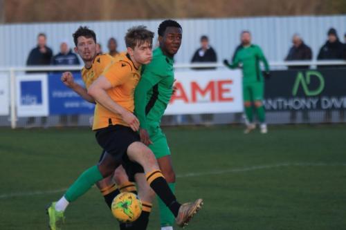 Cheshunts Adam Crowther (amber, front) and Sean Cronin and Enfields Ken Charles