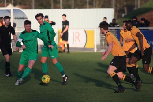 Enfields Marc Weatherstone (L) and Sam Youngs and Cheshunts Sean Cronin (centre), Zack Newton and Mo Camara (R)