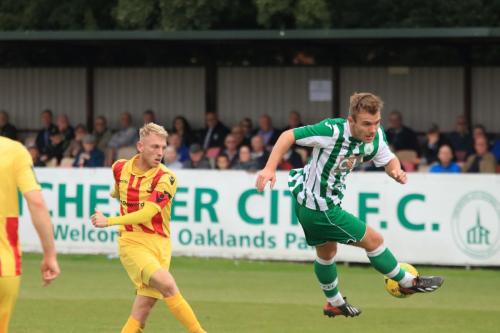 Chichesters Lloyd Rowlatt blocks Ryan Blackmans shot