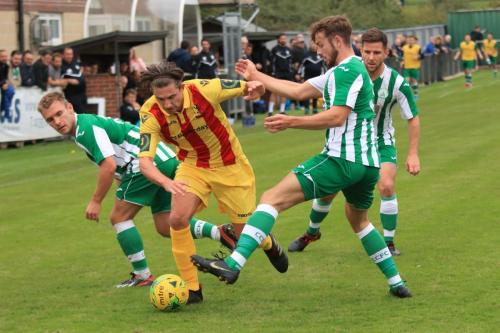Enfields Sam Youngs and Chichesters Lloyd Rowlatt (L), Rob Hutchings and Matt Axell (R)