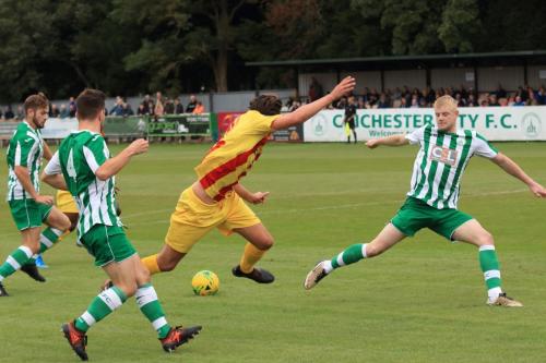 Enfields Sam Youngs and Chichesters Rob Hutchings (L), Matt Axell and Corey Heath (R)