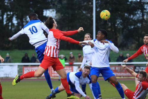 Enfields Muhammadu Faal (10) heads on goal
