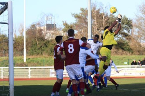 Bognor keeper Amadou Tangara misses a cross