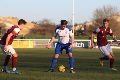 Bognors Harry Kavanagh (L) and Tommy Leigh and Enfields Lewis Taaffe