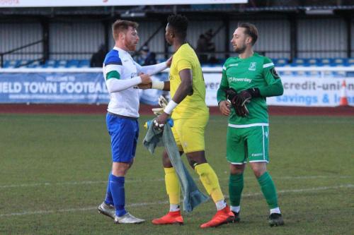 Enfield captain Marc Weatherstone and keeper Nathan McDonald commiserate with Bognors Amadou Tangara