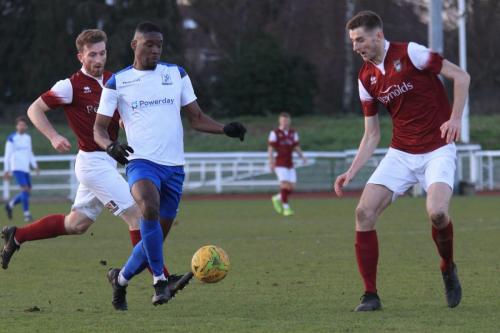 Enfields Shaun Okojie and Bognors Keaton Wood (L) and Matt Casey