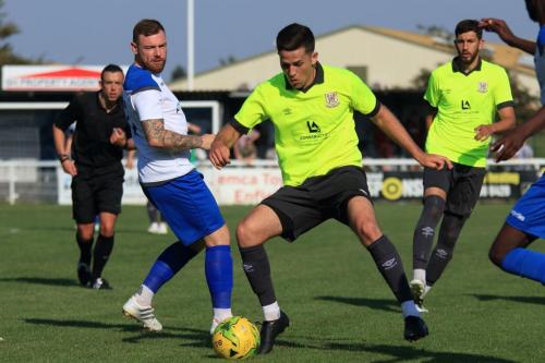 Enfields Billy Bricknell (L) and Potters Bars William Wambeek and George Nicholas (R)