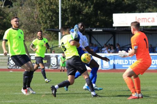 Potters Bars William Wambeek (6) shields the ball from Muhammadu Faal as it runs to keeper Matt Nolan