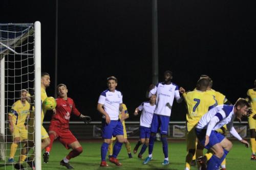 Stortfords Ben Sampayo blocks on the goal line  Appeals for handball were turned down
