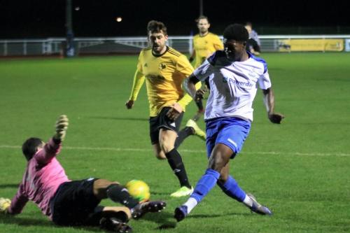 Broadfields keeper Kieran Jimmy saves from Charles Brown