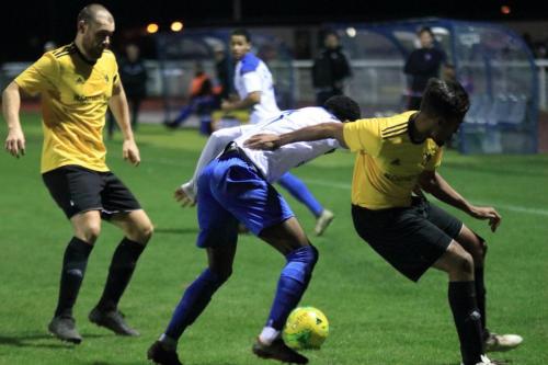 Enfields Samson Esan and Broadfields Harry Henley (L) and Jordan Goode-Keeley