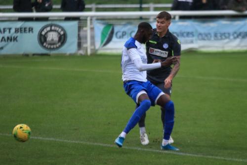 Enfields Muhammadu Faal (L) and Thatchams Matt Partridge