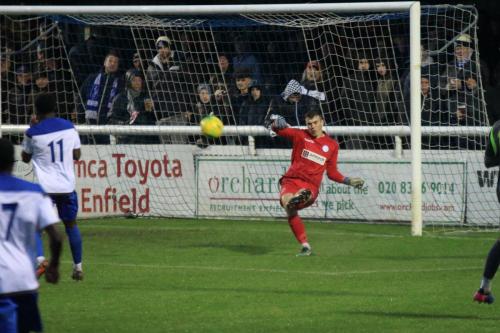 Thatcham keeper Archie Matthews clears a backpass