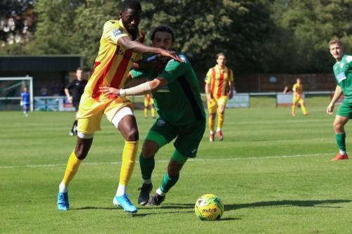 Enfields Muhammadu Faal (L) and Leatherheads Daniel Gallagherx