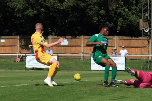 Enfields Sam Bantick (L) just fails to get the final touch to a ball across the box as defender Izunna Ikebuasi and keeper Zaki Oualah anticipate his shot