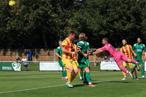 Leatherhead keeper Zaki Oualah piches clear