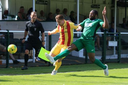Leatherheads Jerry Nnamani (R) and Enfields Lewis Taaffe