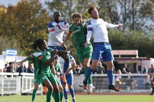 Leatherhead's Will Salmon under pressure from Marc Weatherstone (R) and Adam Pepera
