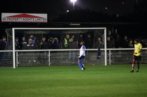 Enfield's Jared Small puts the ball into the empty net but the referee has already blown for an earlier offside