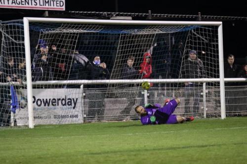 Aaron William-Bushell scores Maldon's second penalty to make it 1-2