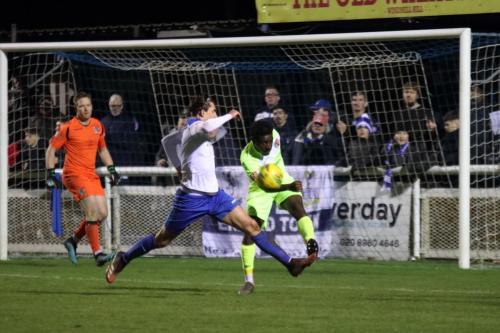 Maldon's Makhosini Khanye (R) clears from Sam Youngs starting the counter-attack that ended with Maldon's first goal