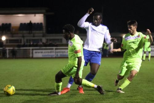 Maldon's Makhosini Khanye (L) and Sam Cornish and Enfield's Neville Nzembela