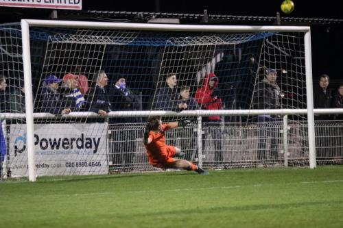 Josh Urquhart misses with Enfield's third penalty to leave the score 1-2