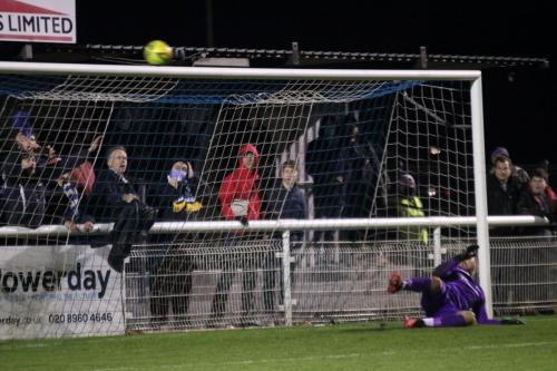 Makhosini Khanye misses the third Maldon penalty to give Enfield a slim chance at 1-2