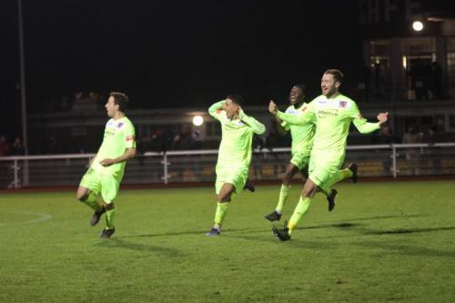 Maldon's players celebrate the winning kick
