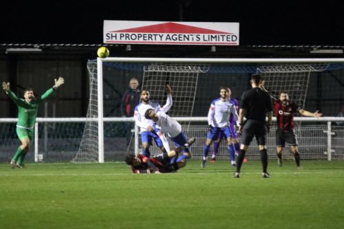 In the dying seconds of the game Brightlingsea keeper Charlie Turner and captain PIp Boyland (R) appeal in vain for a foul