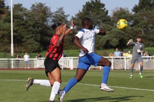 Lewes' Leon Redwood (L) and Enfield's Percy Kiangebni
