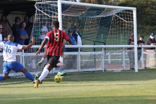 Lewes keeper Nathan Stroomberg saves from Jared Small (16)