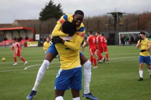 IMG 2227-Creator-Muhammadu-Faal-and-scorer-Jerry-Gyebi-nearest-camera-celebrate-the-second-Enfield-goal