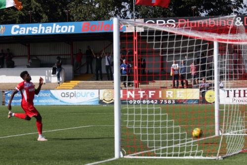 Paris Hamilton-Downes can't get back-quickly enough to prevent the 4th Enfield goal